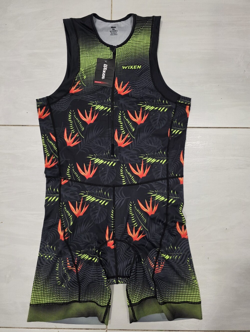 Men's Floral Performance Triathlon Suit Padded - Black with Neon Green & Orange